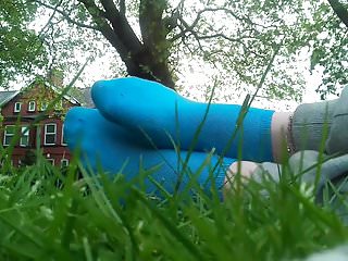 British Outdoor Striptease video: Teasing with my Blue Socks in a Park