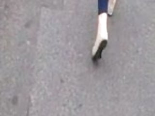 Milf slut walking in blue leggings