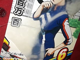 Blowing cum on Momo from BNHA trading card