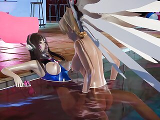 Dva is fucked by the futa mercy at the pool party with her oily body well soaked by the pool water