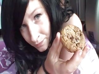 Nasty busty slut eats cum load off a cookie