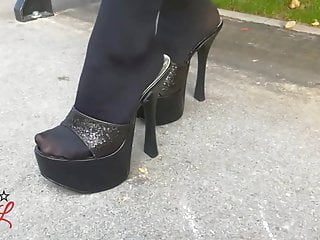 Lady L Sexy Walking With Extreme Black Mules...