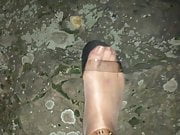 Outdoor in nude Nylons & clear Sandals 2