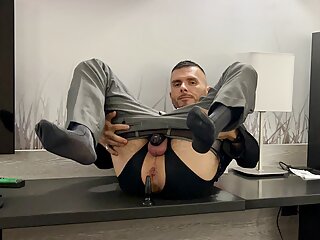 .Bussinesman in suit and tie has sex on the office desk and male anal orgasm. Men is squirting like a girl.