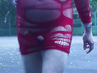 Slutty red dress outdoors basketball court...