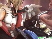 Mercy gives handjob and gets doggystyle sex