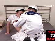 Skinny sailors 69ing before bareback sex for facial