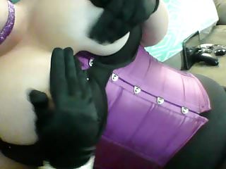 Milf in purple corset satin gloves...