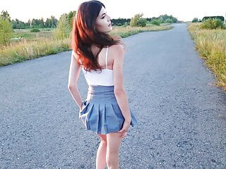  video: A romantic evening walk in nature ended with sex in clothes in a beautiful meadow next to the road