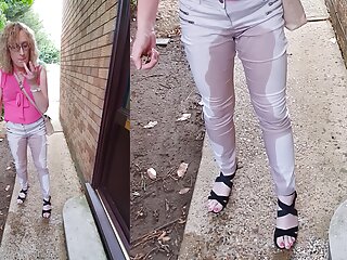 Mature MILF Pissing in my trousers pants on the doorstep