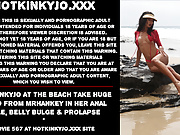 Hotkinkyjo at the beach takes a huge dildo from mrhankey in her anal hole, belly bulge & prolapse