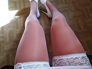 White stockings, white heels dress...