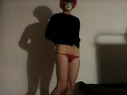 Shemale dance, red head, red panties, venice mask, horny ass