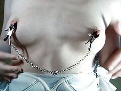 Playing with my tits with hands and nipple clamps - Denise Levi