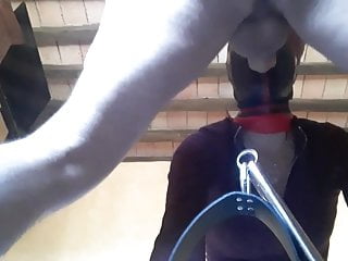 Tied to a machine, masked, hooded and throated