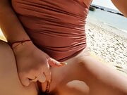 Hot shaved pussy touching public on beach