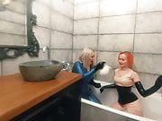 Latex Rubber in the bathroom, lesbian latex petting milk