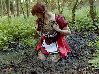 Cosplay Orgasm Sex Toy Riding video: Red Riding hood masturbates in forest mud