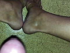 Bondage Cock & Balls Cum on Oiled Feet in Clear Heel Sandals