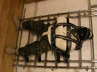 Straitjacketed Slave Is Restrained To The Grid