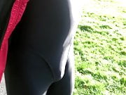 Out in thong leotard and leggings. 