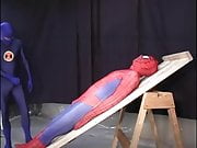 Guy in spiderman costme gets oral sex