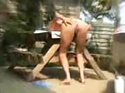 Horny Blonde Smashed Over Table Outside