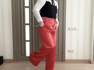 Sissy Secretary In Silk Satin Red Wide Leg Trousers, High Heels And School Office Blouse Waiting Her Wife To Be Fucked