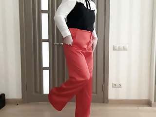 Sissy Secretary In Silk Satin Red Wide Leg Trousers And School Office Blouse Waiting Her Wife To Be Fucked...