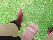 Pissing Outside wearing Burgandy Boots for the first time