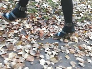 Lady L walking with metal high heels.