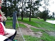 Sissy shemale slut flashing and cumming on a golf course