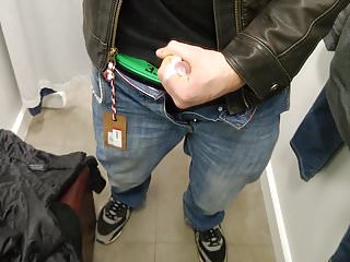 cheeky leather jacket wank in fitting room