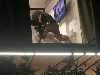 Brunette Hidden Camera Flashing video: Voyeur caught horny couple fucking through hotel window