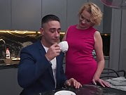 Hairy mom makes coffee and gets anal sex from boy
