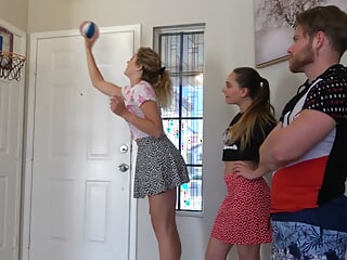 A strip indoor basketball game with two hot girls and 1 lucky dude