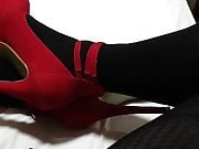 Lace4feel playing with cock in red high heels