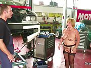 Two Young Boy Seduce Big Tit German Milf to fuck in Workshop