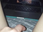 My GF rubbing her big clit while guys jerkoff to her