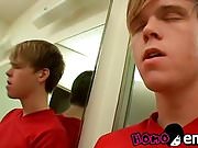 Horny blond twink Colby Bonds jerking his big cock for jizz