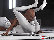 Sci-fi female alien plays with black girl in space station