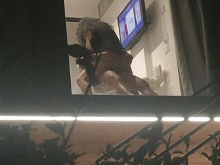 Caught horny couple fucking through open hotel window, peeking hot milf blowjob