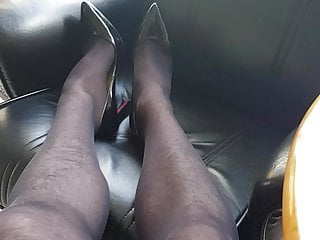 Squeaky black high heels and stockings cum