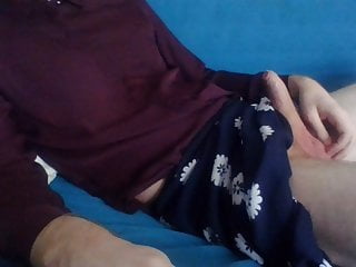 Crossdresser Webcam Fun Wearing Silk Shirt And Flower Skirt